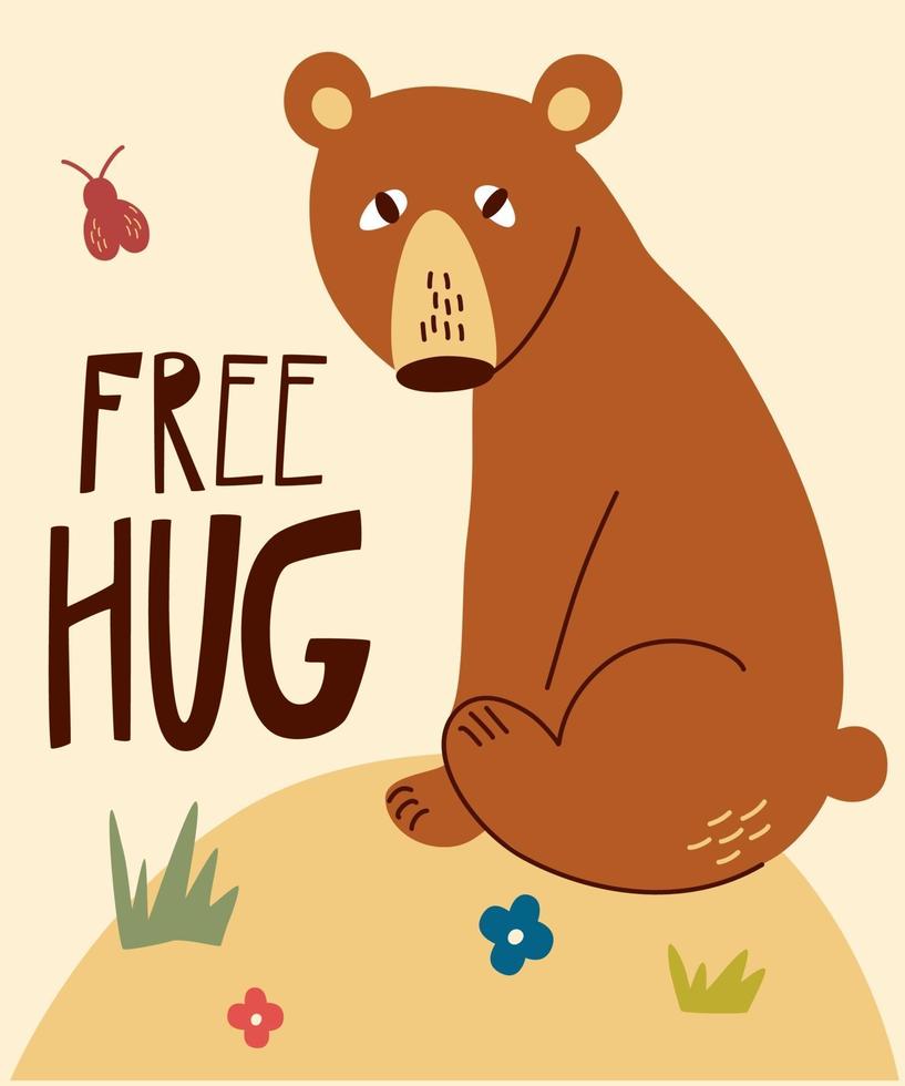 Cute cartoon bear. Free hug hand drawn lettering quote. vector