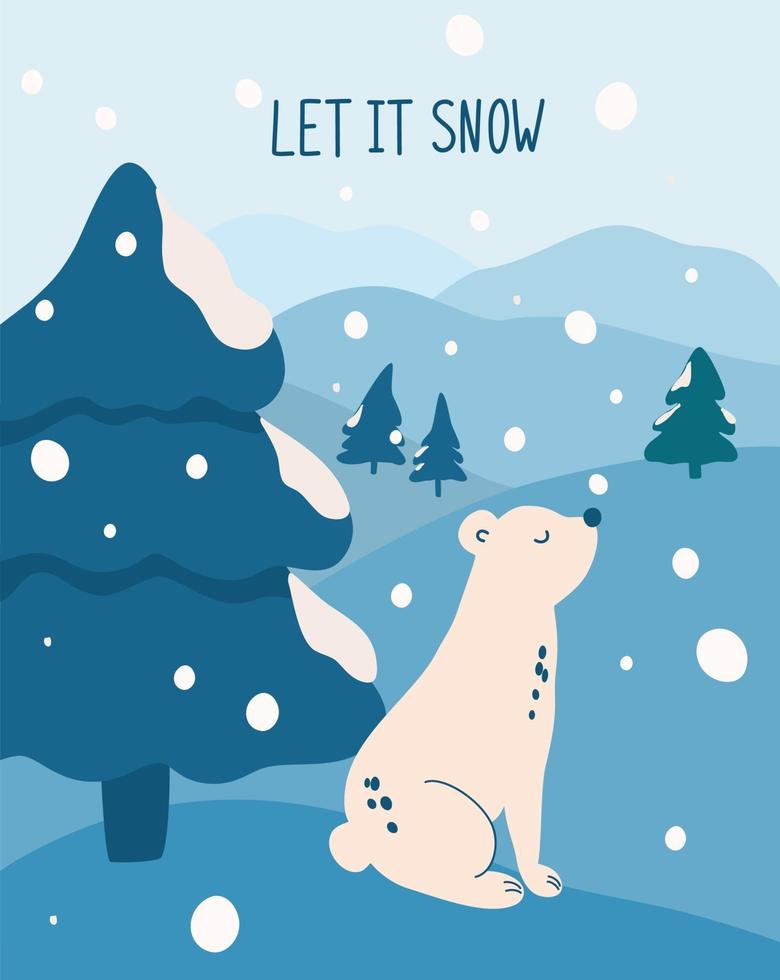 Bear in a snowy forest. Snowy day. vector