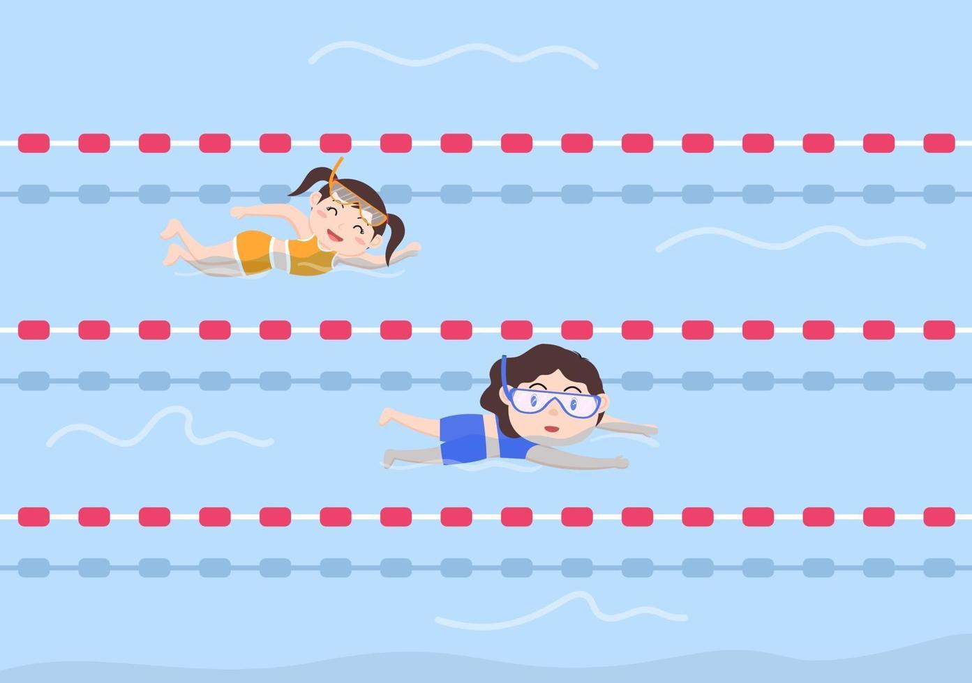 Cute Little Kids Swimming Vector Illustration