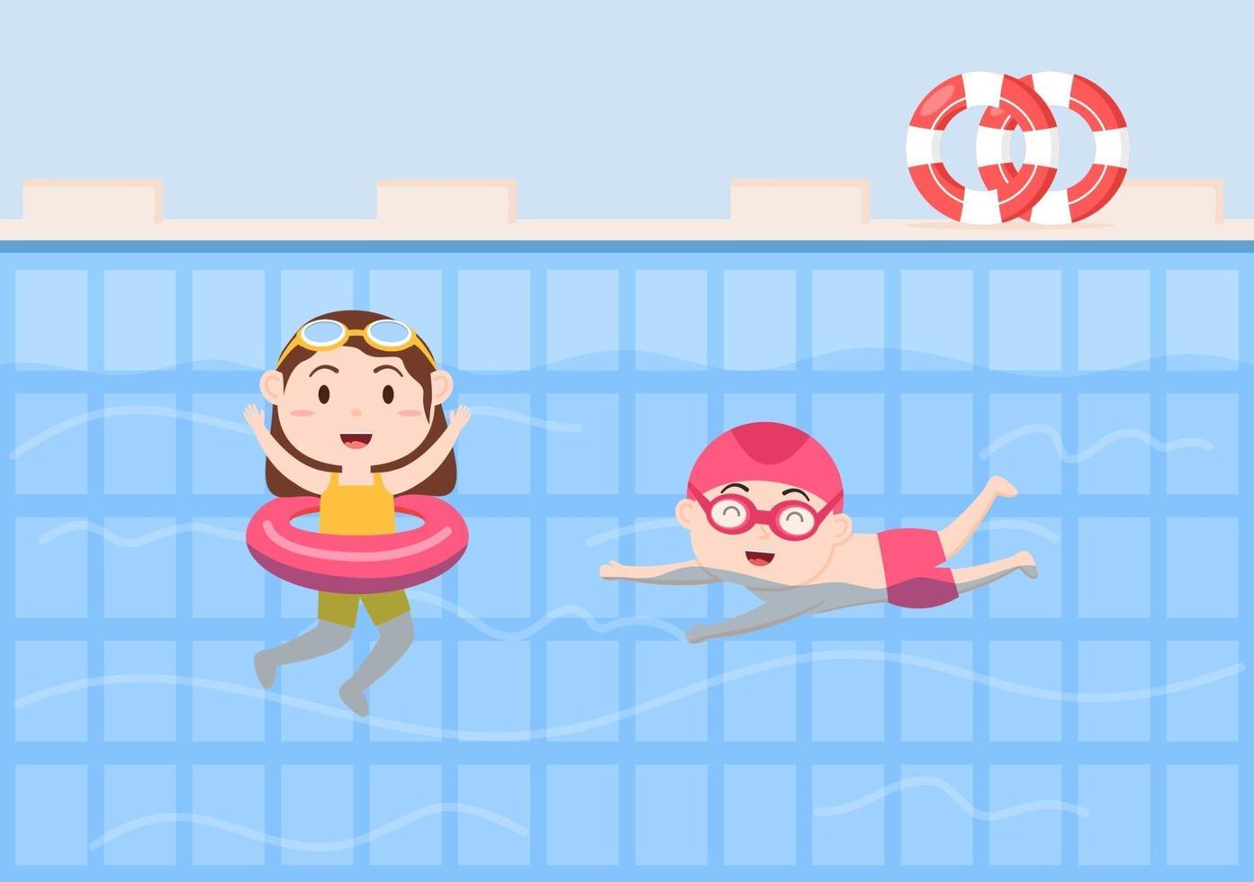Cute Little Kids Swimming Vector Illustration