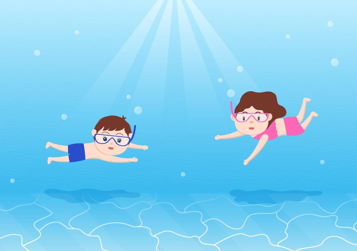 Cute Little Kids Swimming Vector Illustration