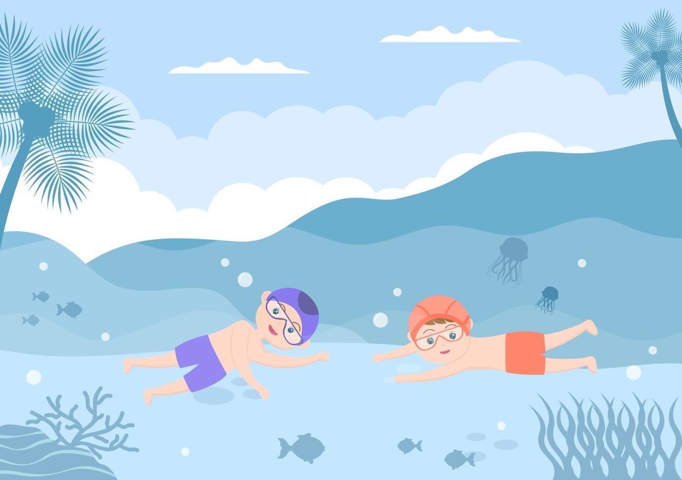 niños pequeños lindos nadando ilustración vectorial vector
