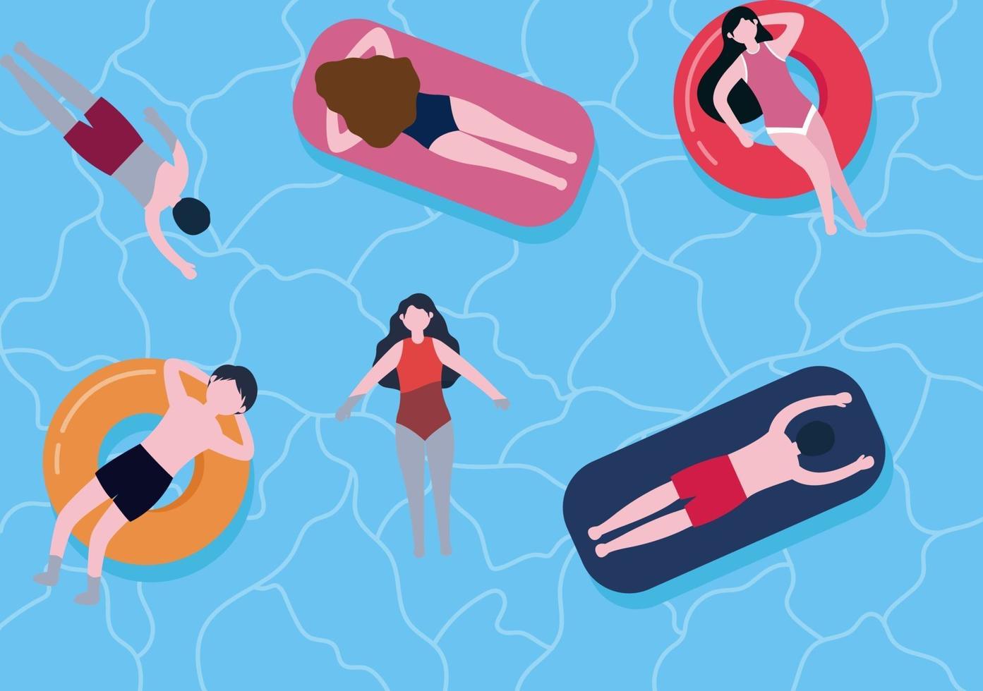 People Dressed In Swimwear Swimming Vector Illustration