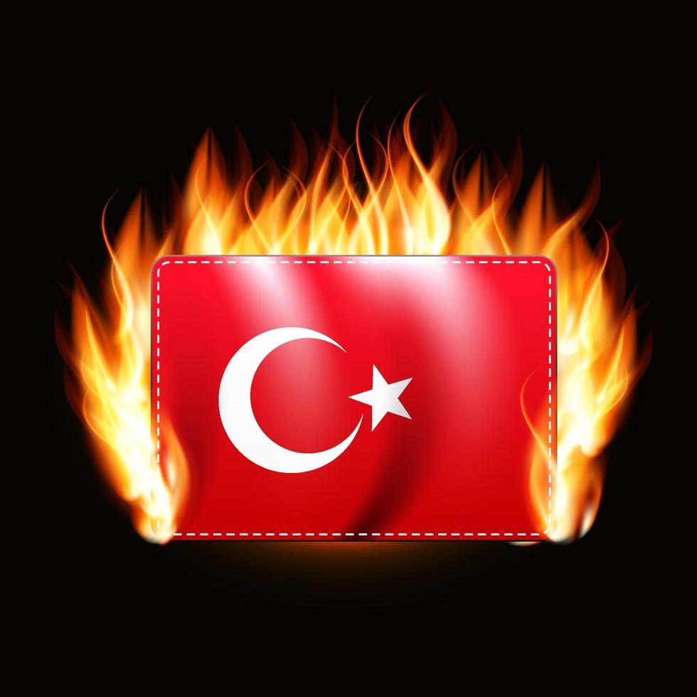 Turkey flag on fire background. Country emblem. Vector Illustration