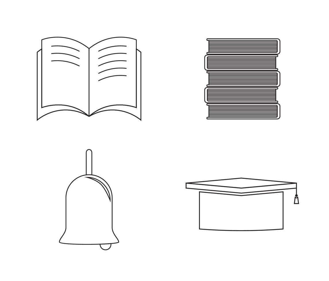 Black and white set of student icons stacked books, graduate cap vector