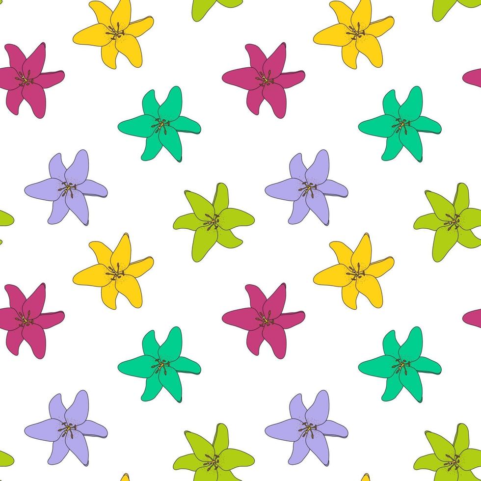 Abstract Hand Drawn Lily flower. Colorful seamless pattern. vector