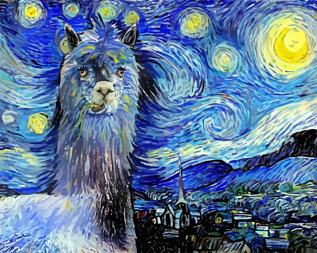 Funny Starry Night Alpaca Impressionist Parody Portrait Painting vector