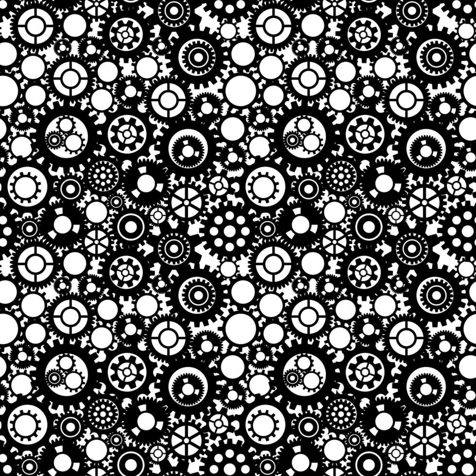 Black and white gears. Working mechanism. Seamless pattern. vector