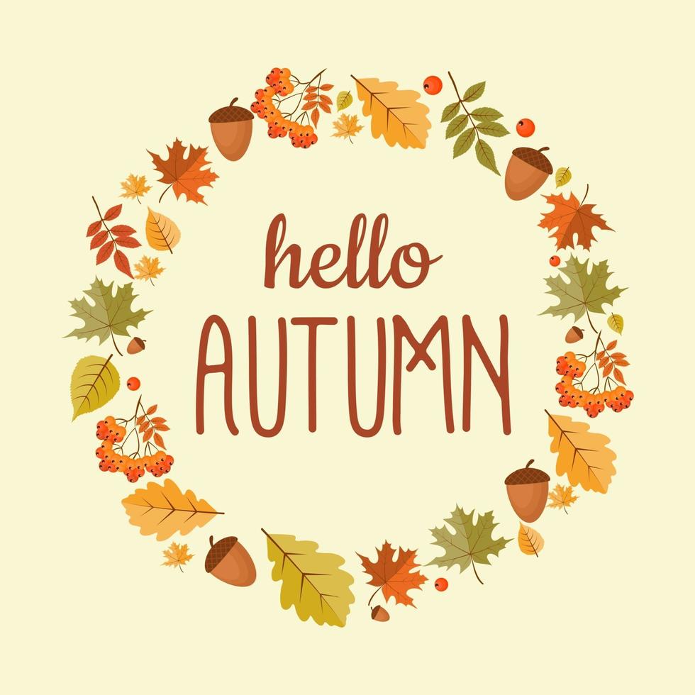 Abstract Hello Autumn Background with Falling Leaves, Rowan and Acorn. vector