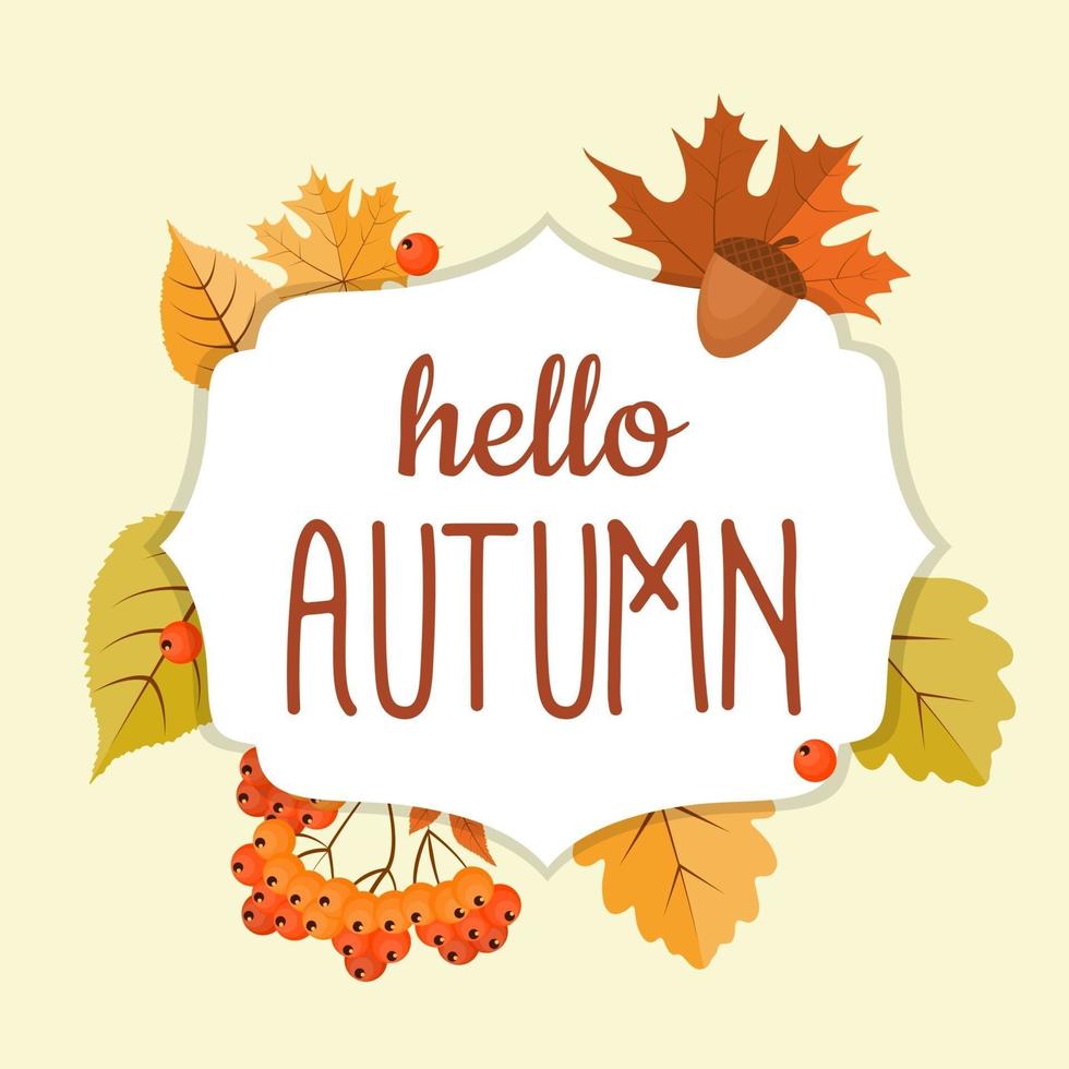 Abstract Hello Autumn Background with Falling Leaves, Rowan and Acorn. vector