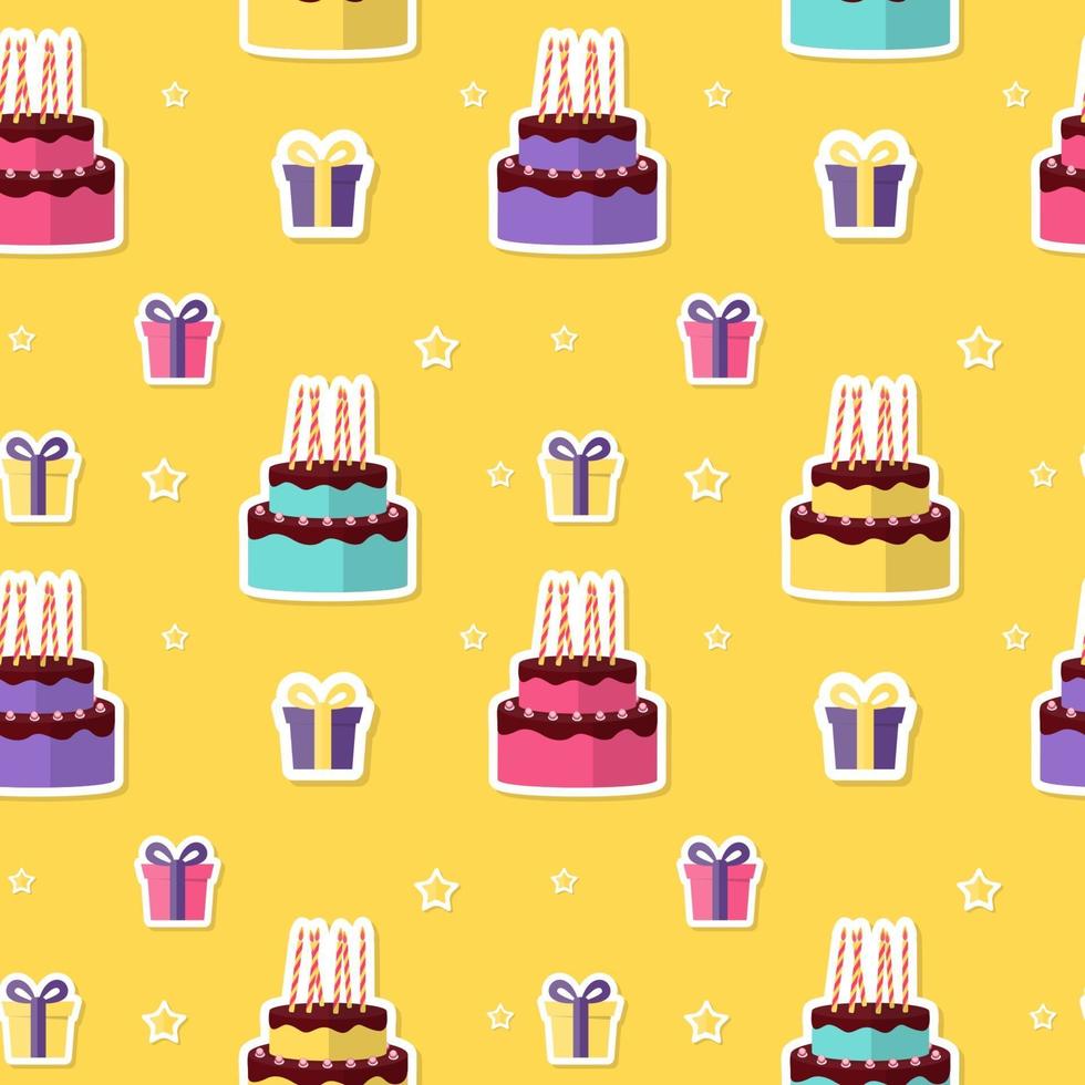 Happy Birthday Seamless Pattern Background with Cake and Gift Box. vector