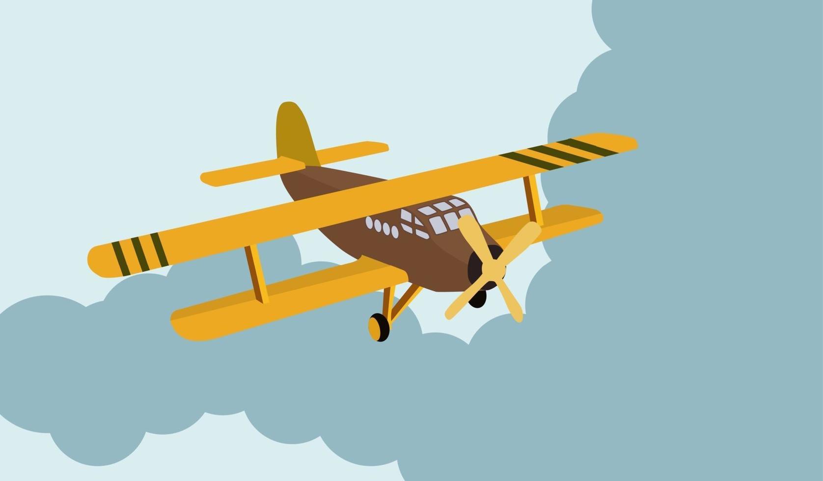 modelo de color de un viejo avión que volaba en el cielo a través de las nubes. vector