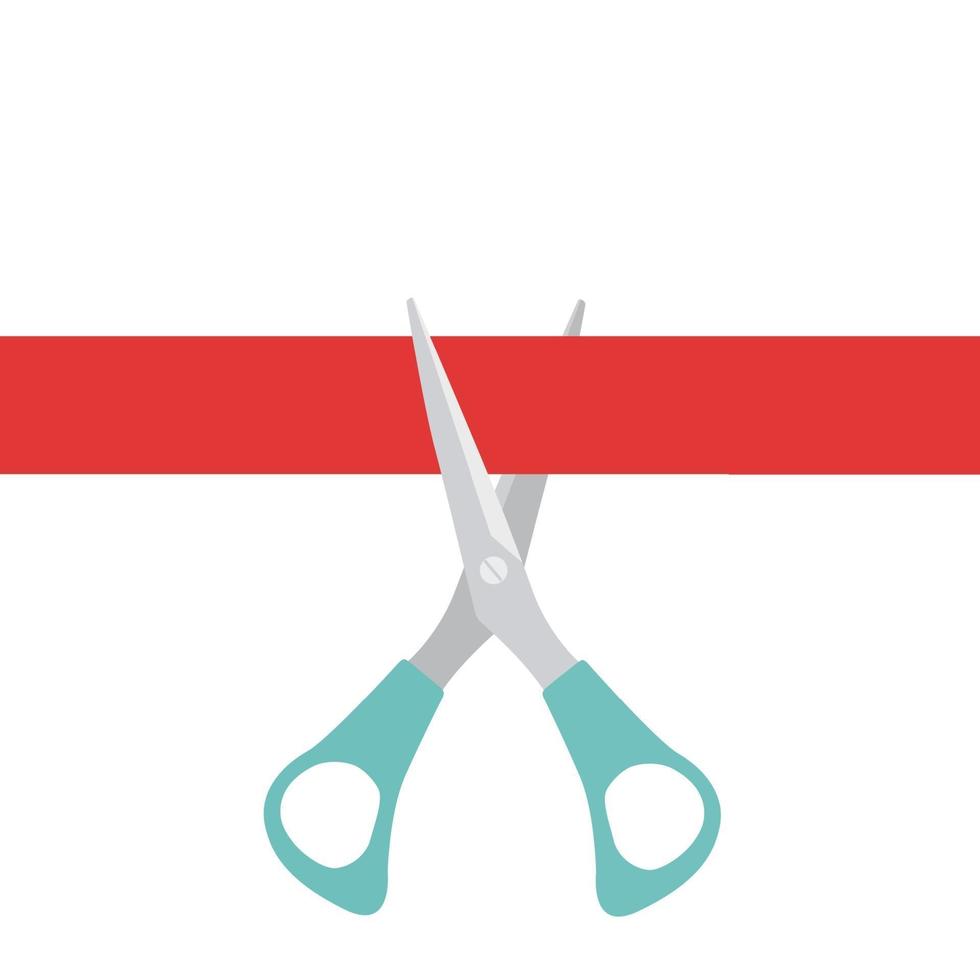 Scissors cutting red ribbon. Grand opening concept. vector