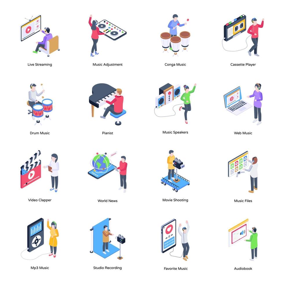 Set of Multimedia Isometric vector