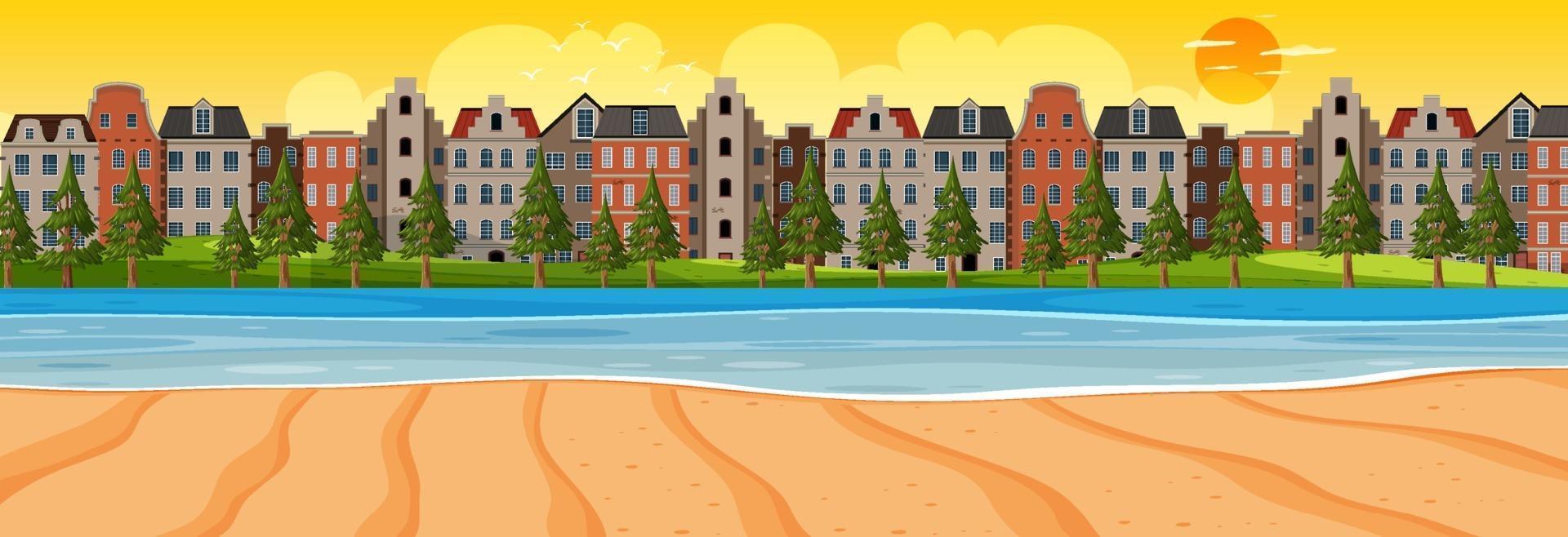 Beach horizontal scene at sunset time with city background vector