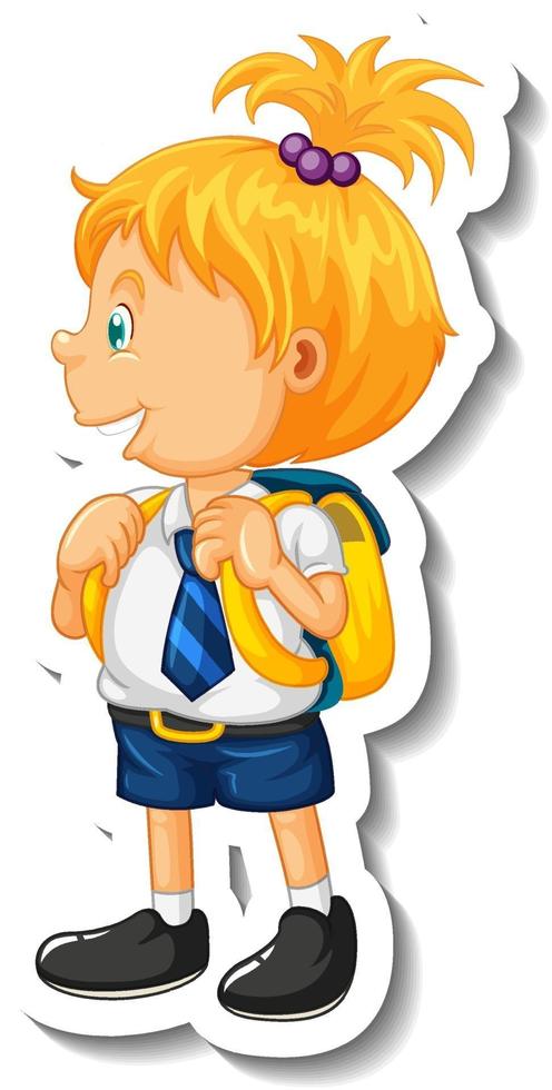 Sticker template with a little student girl cartoon character isolated vector