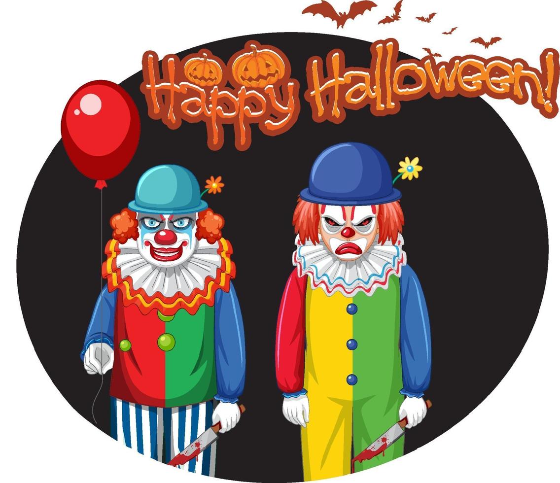 Happy Halloween badge with two creepy clowns vector