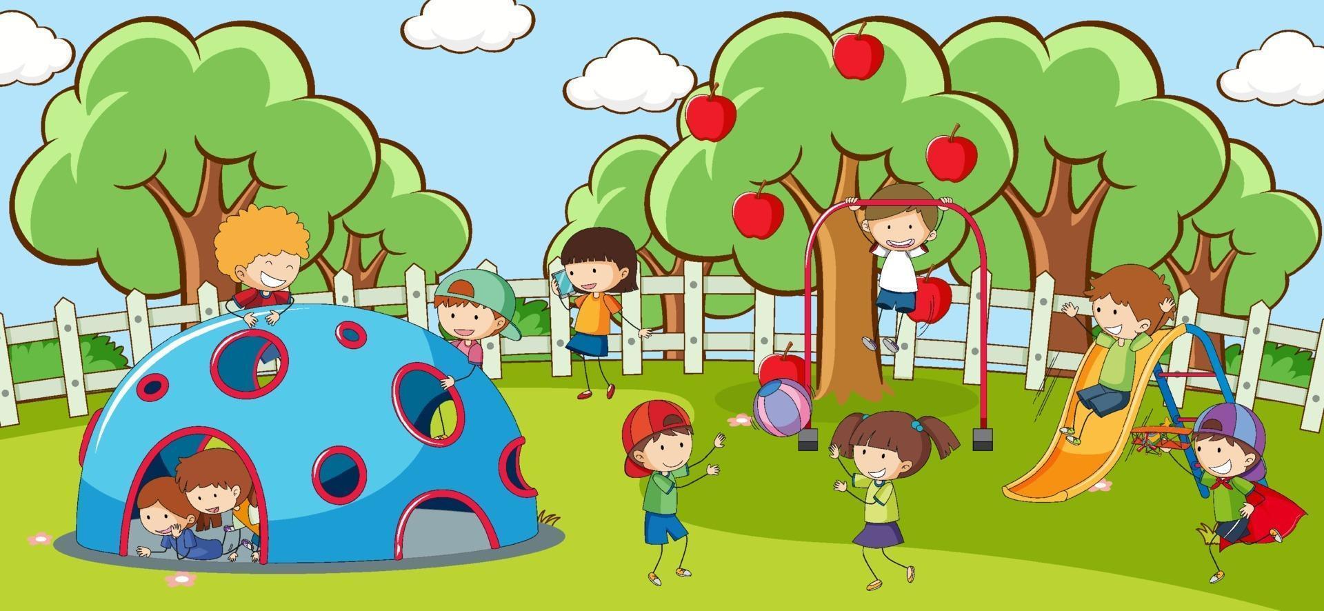 Outdoor scene with many kids playing in the park vector