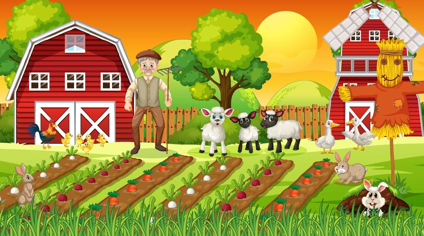 Farm scene at sunset with old farmer man and cute animals vector