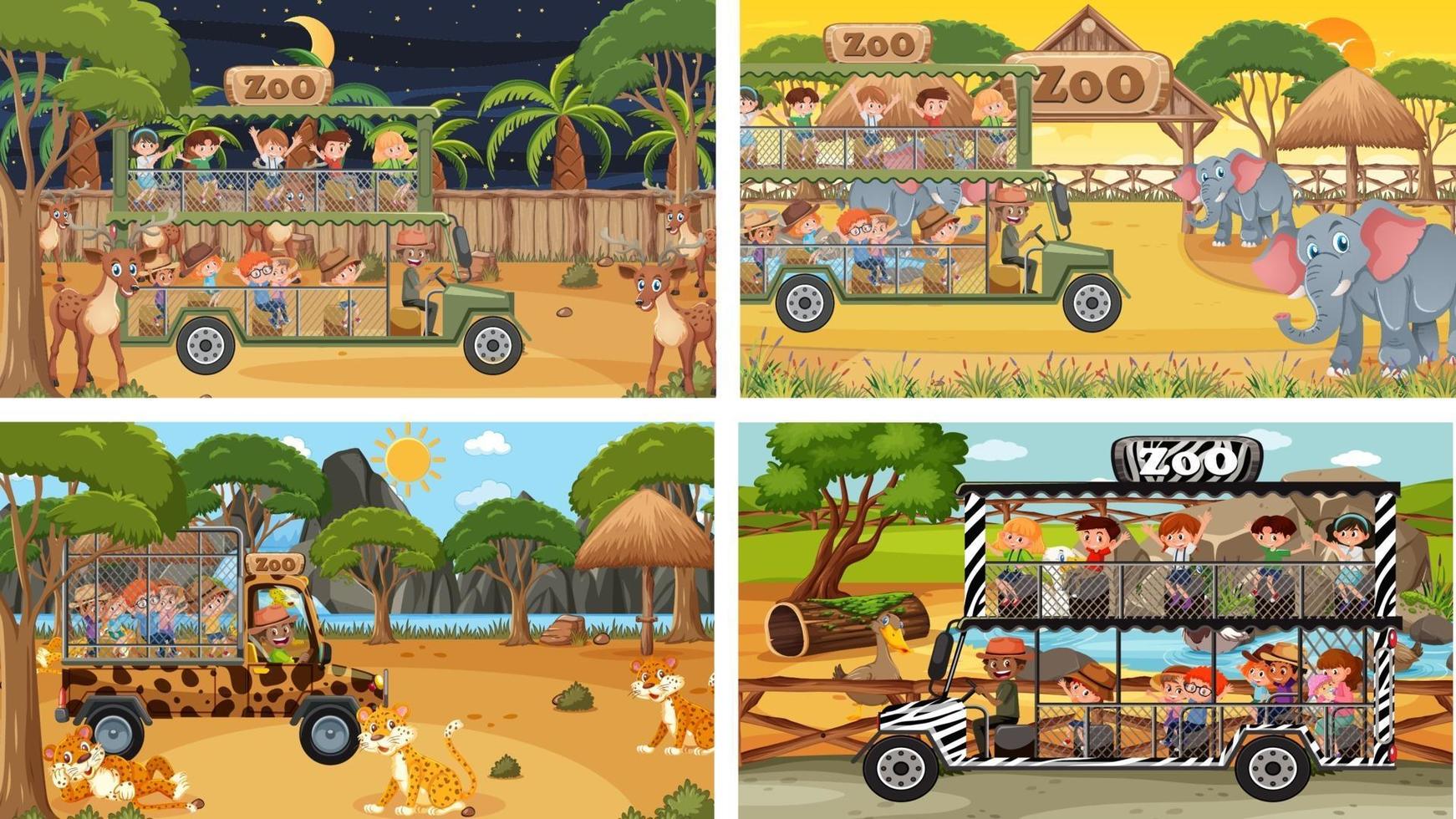 Set of different animals in safari scenes with kids vector