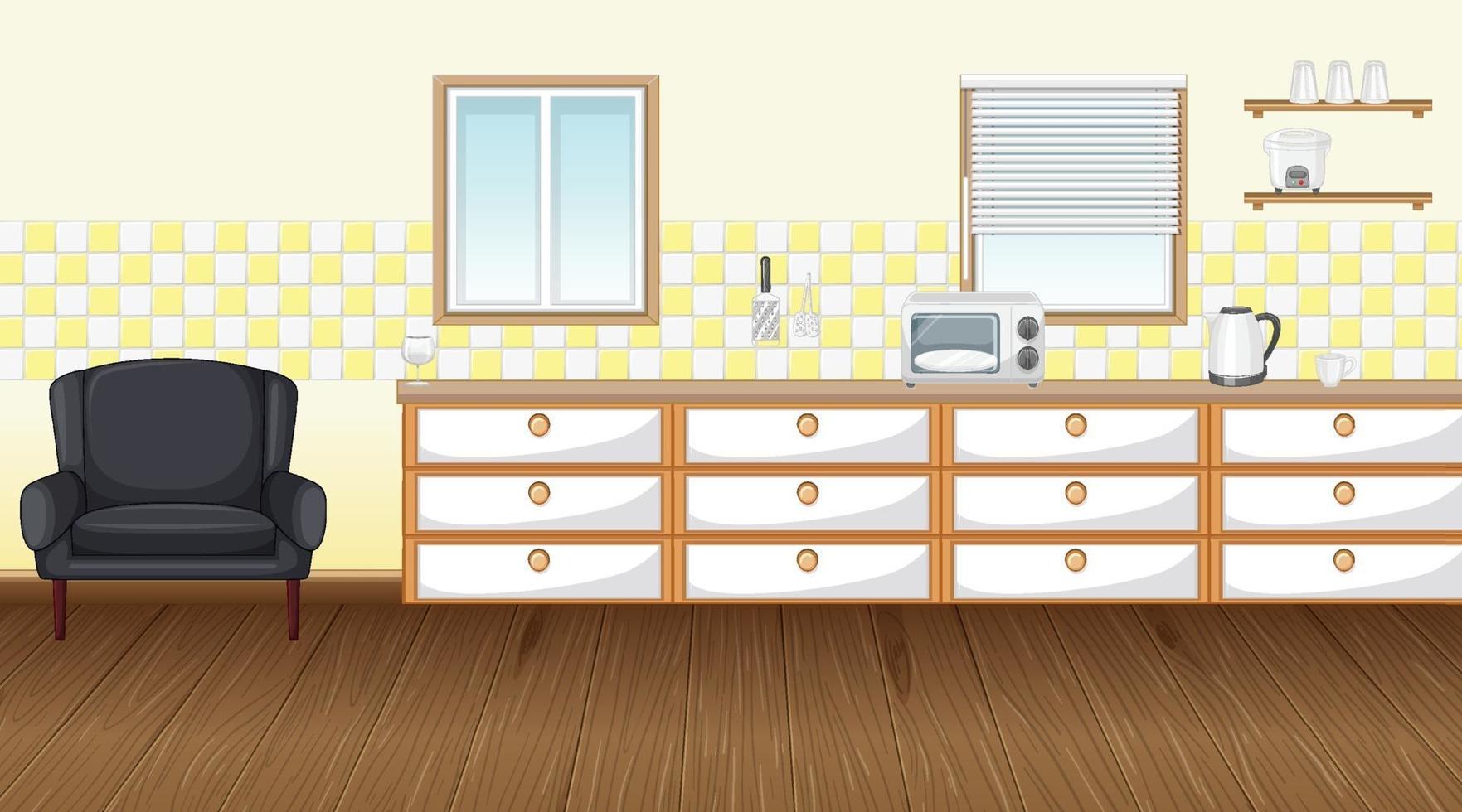 Empty kitchen room with counter cabinet and parquet floor vector