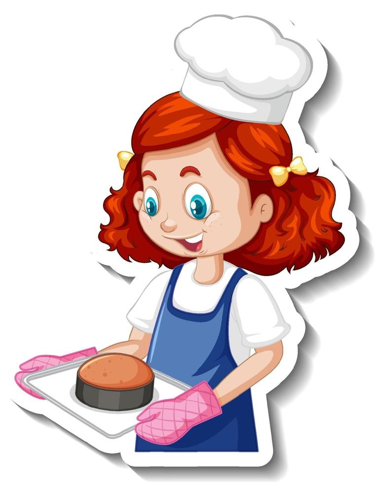 pegatina de personaje de dibujos animados con chica chef sosteniendo bandeja horneada vector