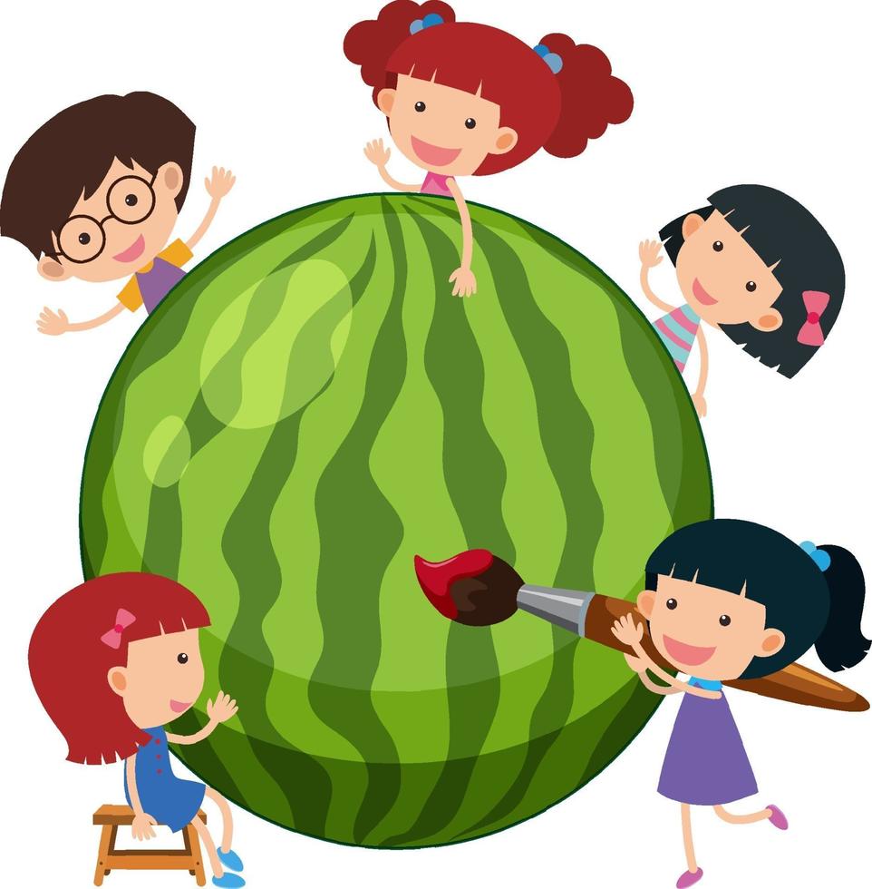 Watermelon with many children cartoon character isolated vector