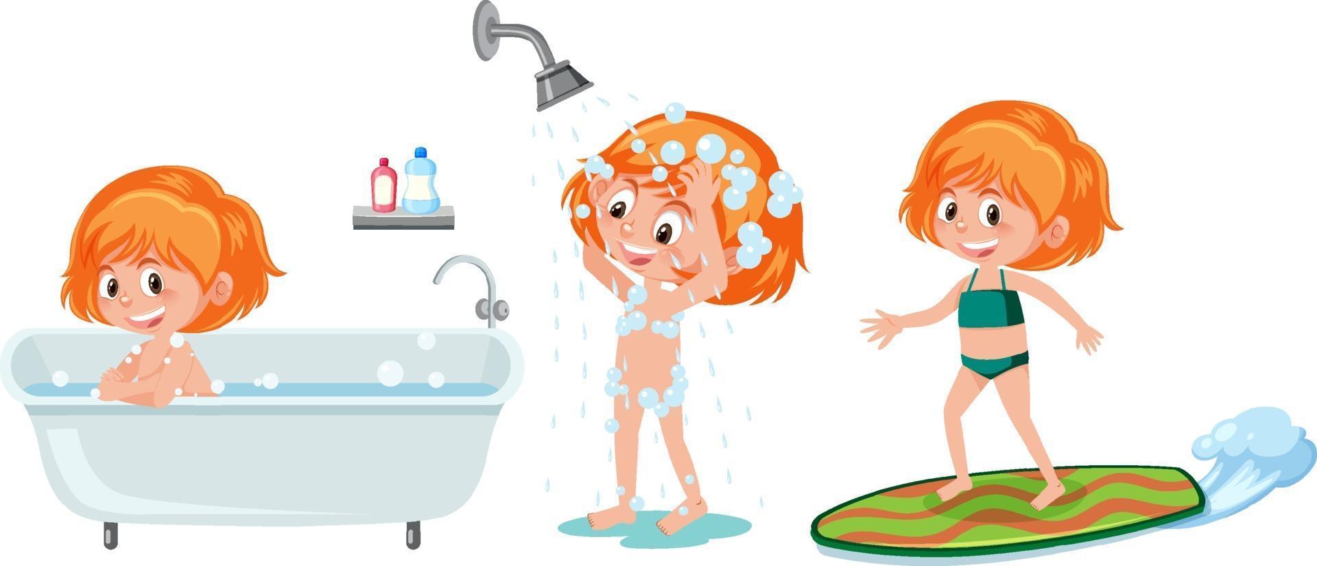 Set of different kids cartoon character take a shower vector