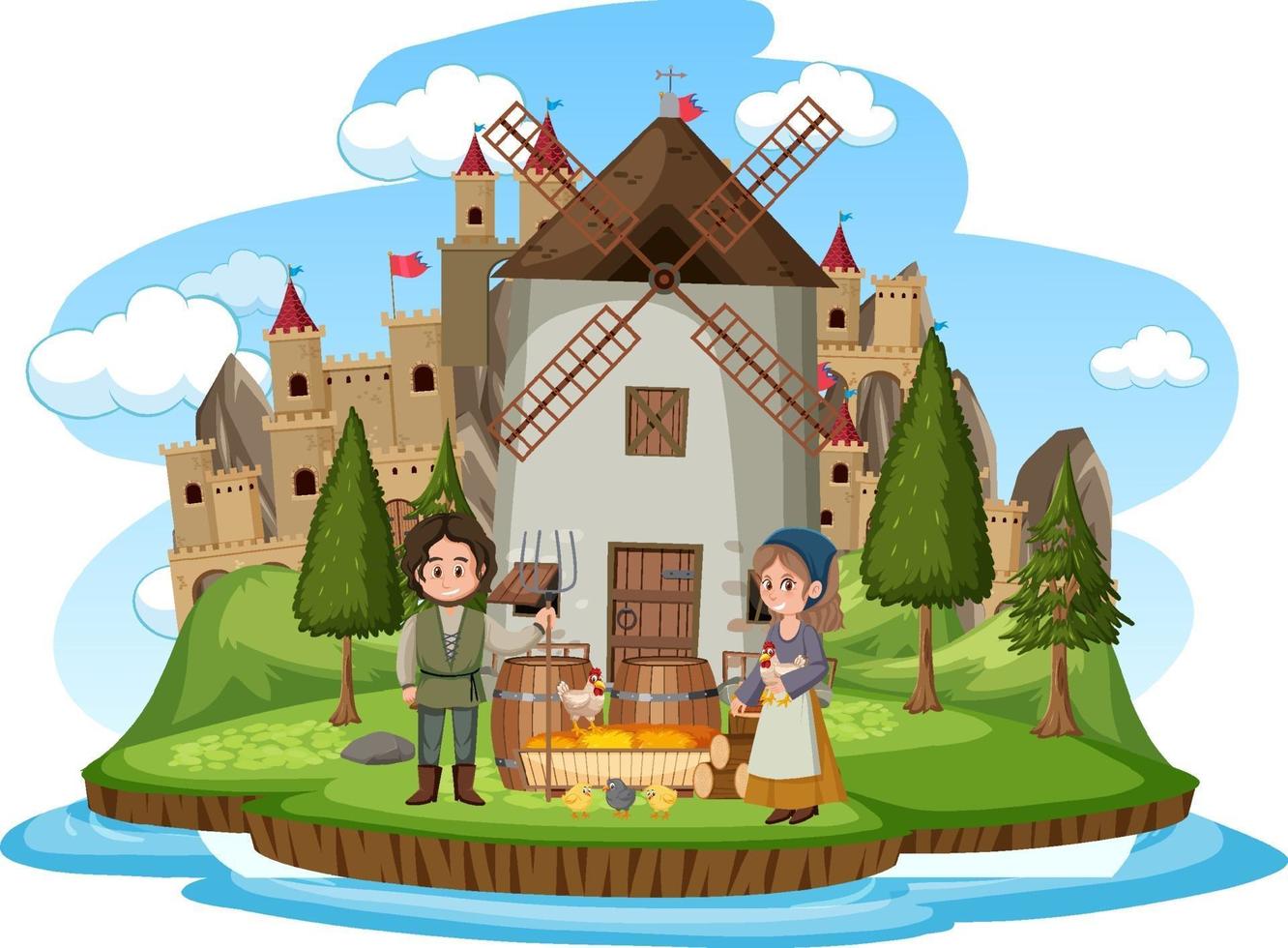 Medieval house with windmill and villagers vector