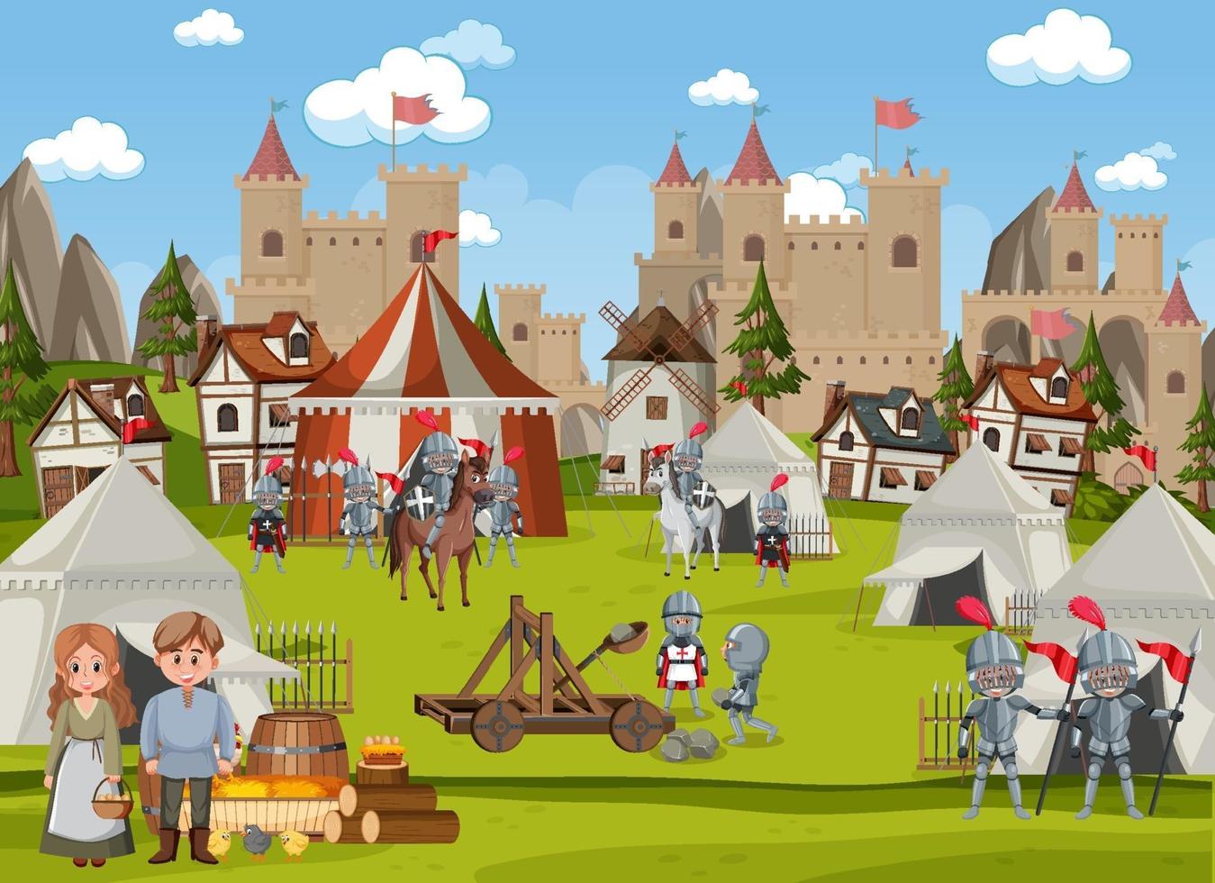 escena de la ciudad medieval con aldeanos. vector