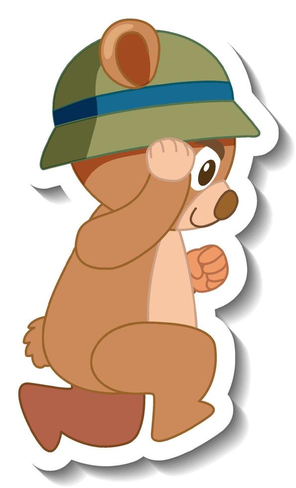 lindo oso de dibujos animados con sombrero etiqueta vista lateral vector