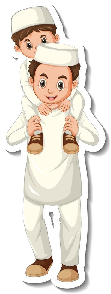 A sticker template with muslim people father and son vector