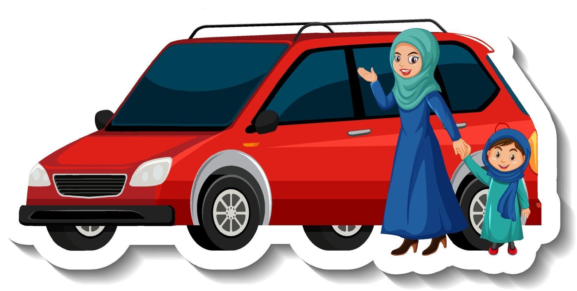 Muslim mother and daughter standing in front of a car vector