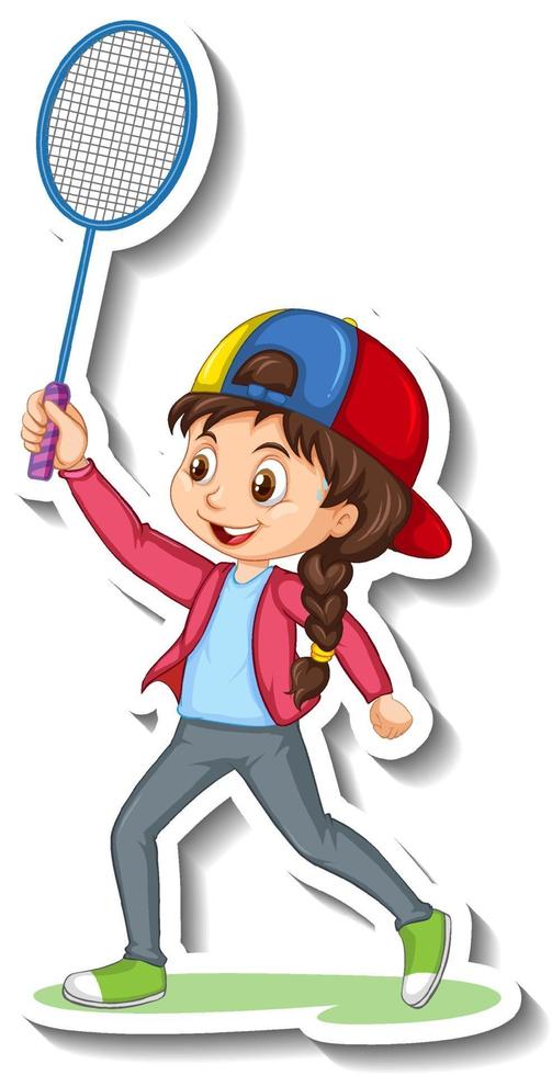 pegatina de personaje de dibujos animados con una niña jugando bádminton vector