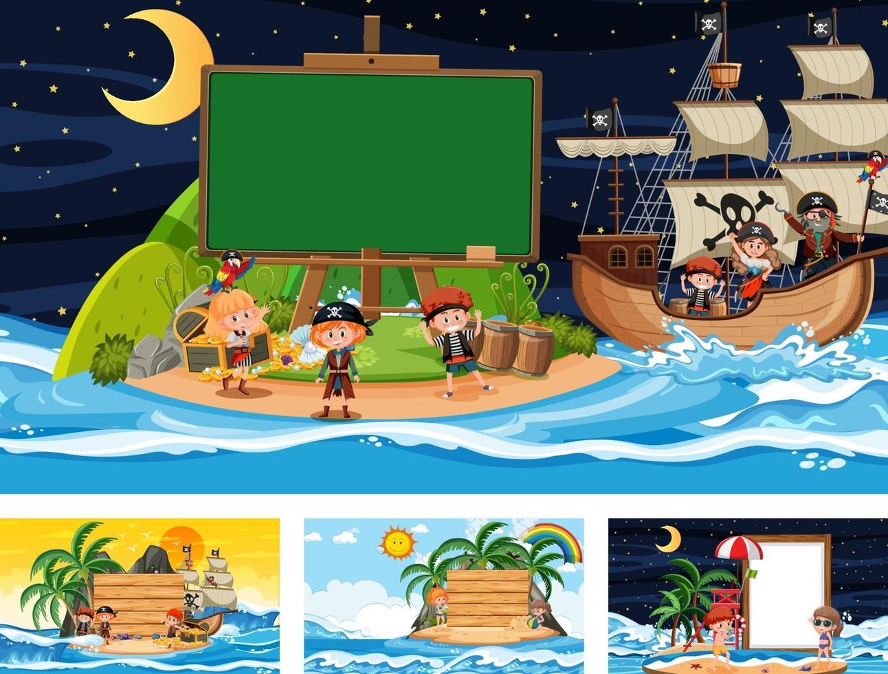 Set of blank banner in different tropical beach scenes vector