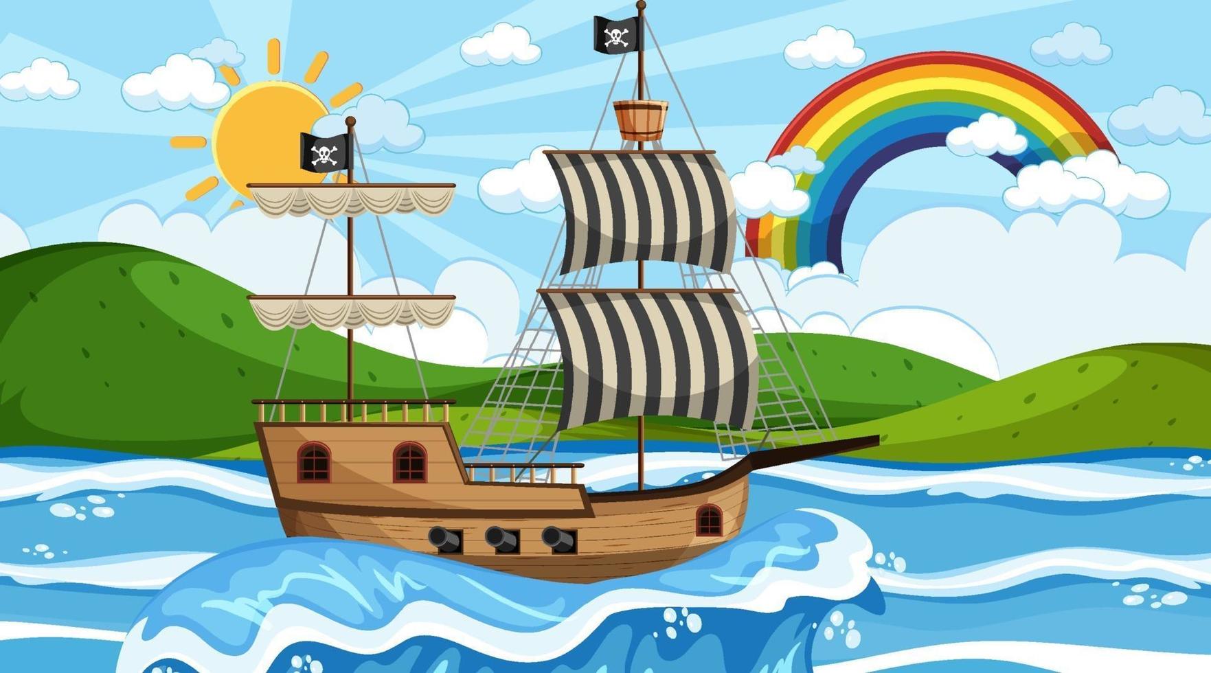 océano con barco pirata en la escena diurna en estilo de dibujos animados vector