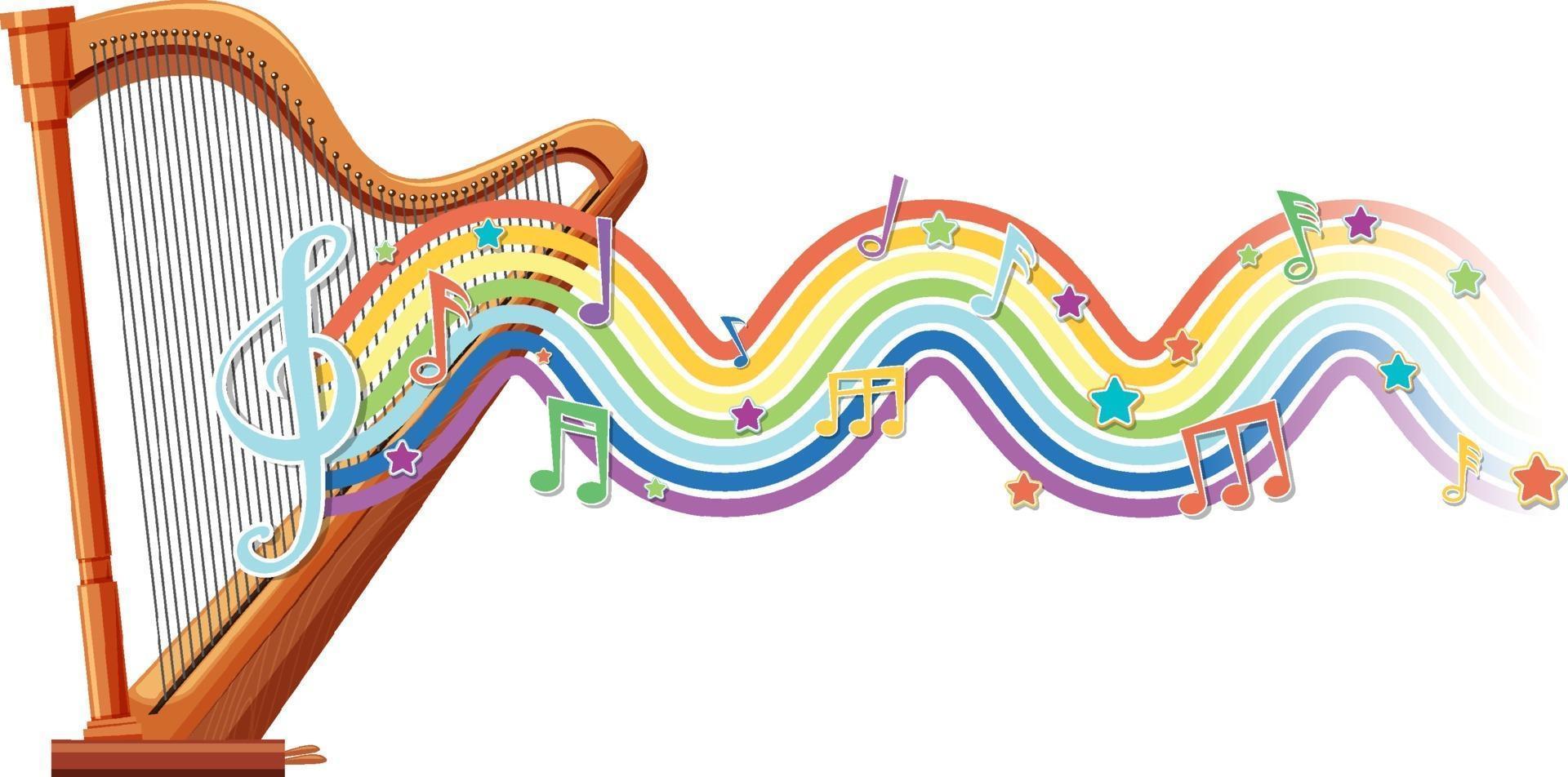 arpa con símbolos de melodía en la onda del arco iris vector
