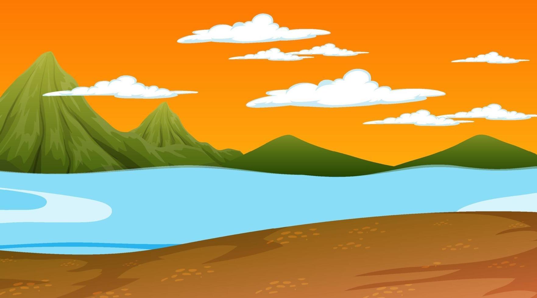 Escena de la naturaleza al atardecer con paisaje de pradera y fondo de montaña vector