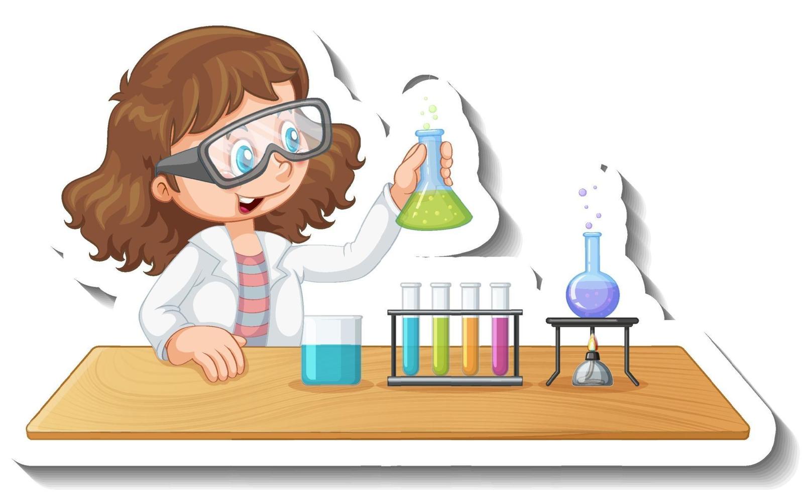 Sticker template with student doing chemical experiment vector