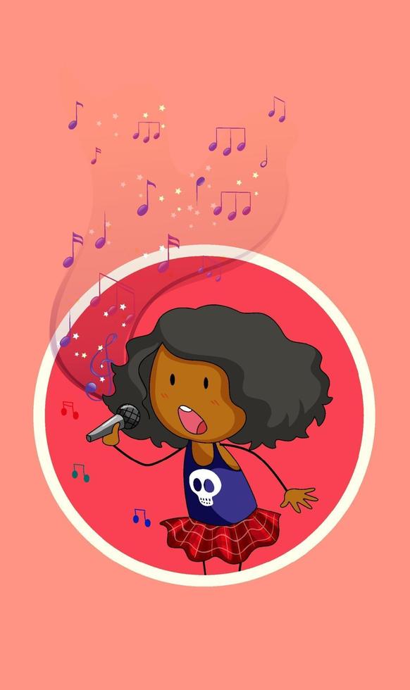 Doodle personaje de una chica cantante cantando con símbolos de melodía musical vector