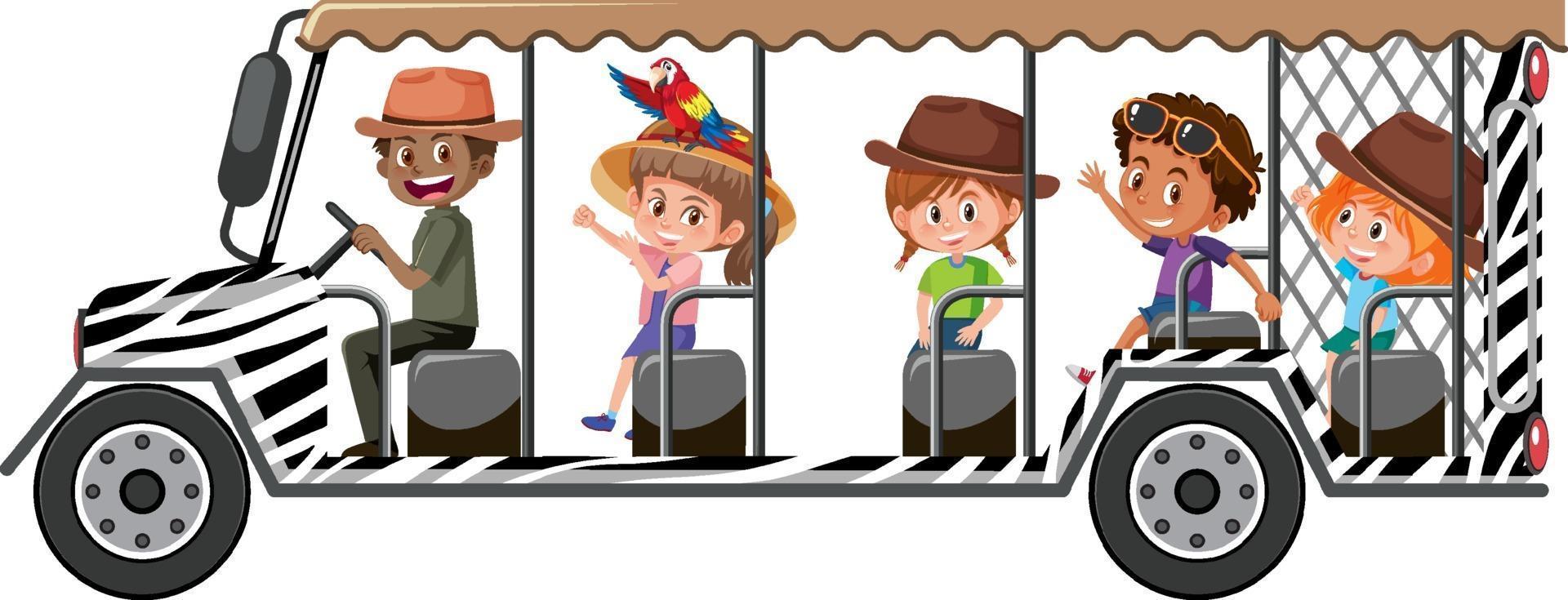 Safari concept with children in the tourist car on white background vector