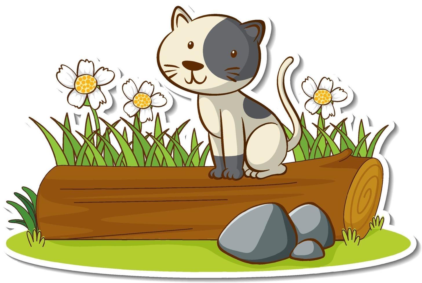 Little cat sitting on a log sticker vector
