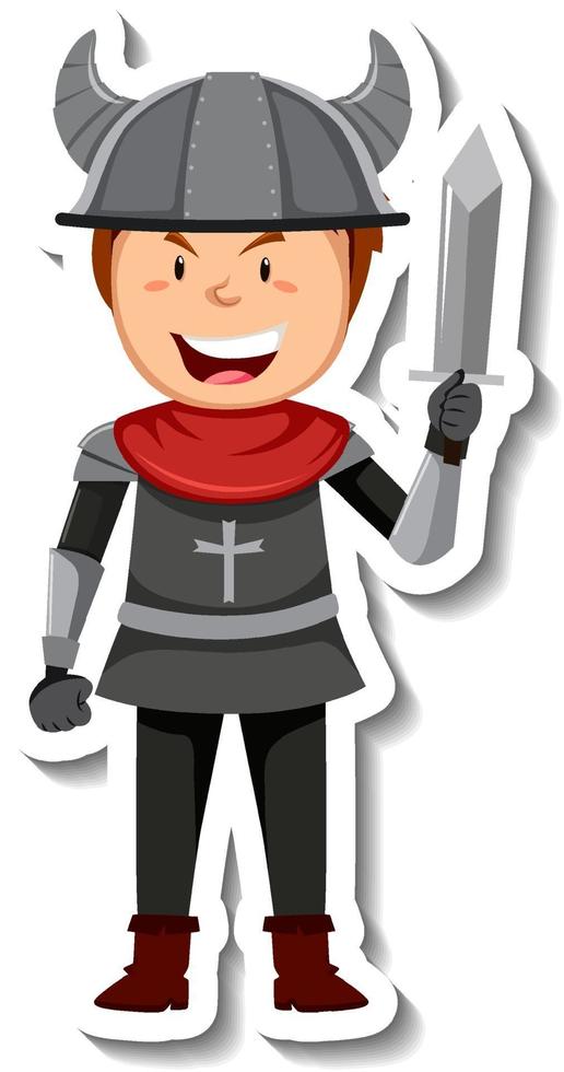Caballero con armadura con espada pegatina de dibujos animados vector