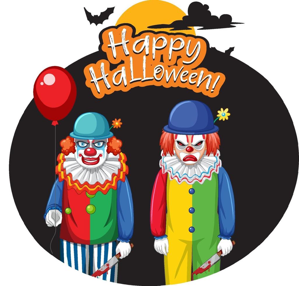 Happy Halloween badge with two creepy clowns vector