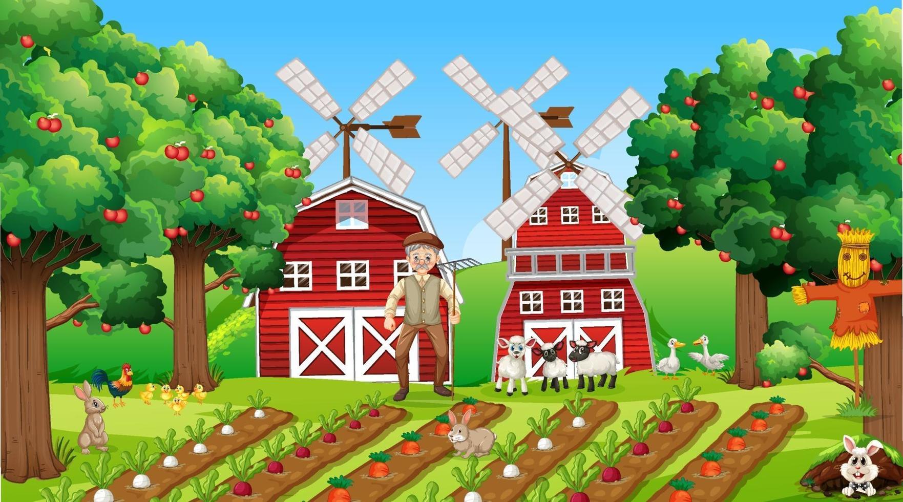 Farm scene at daytime with old farmer man and cute animals vector