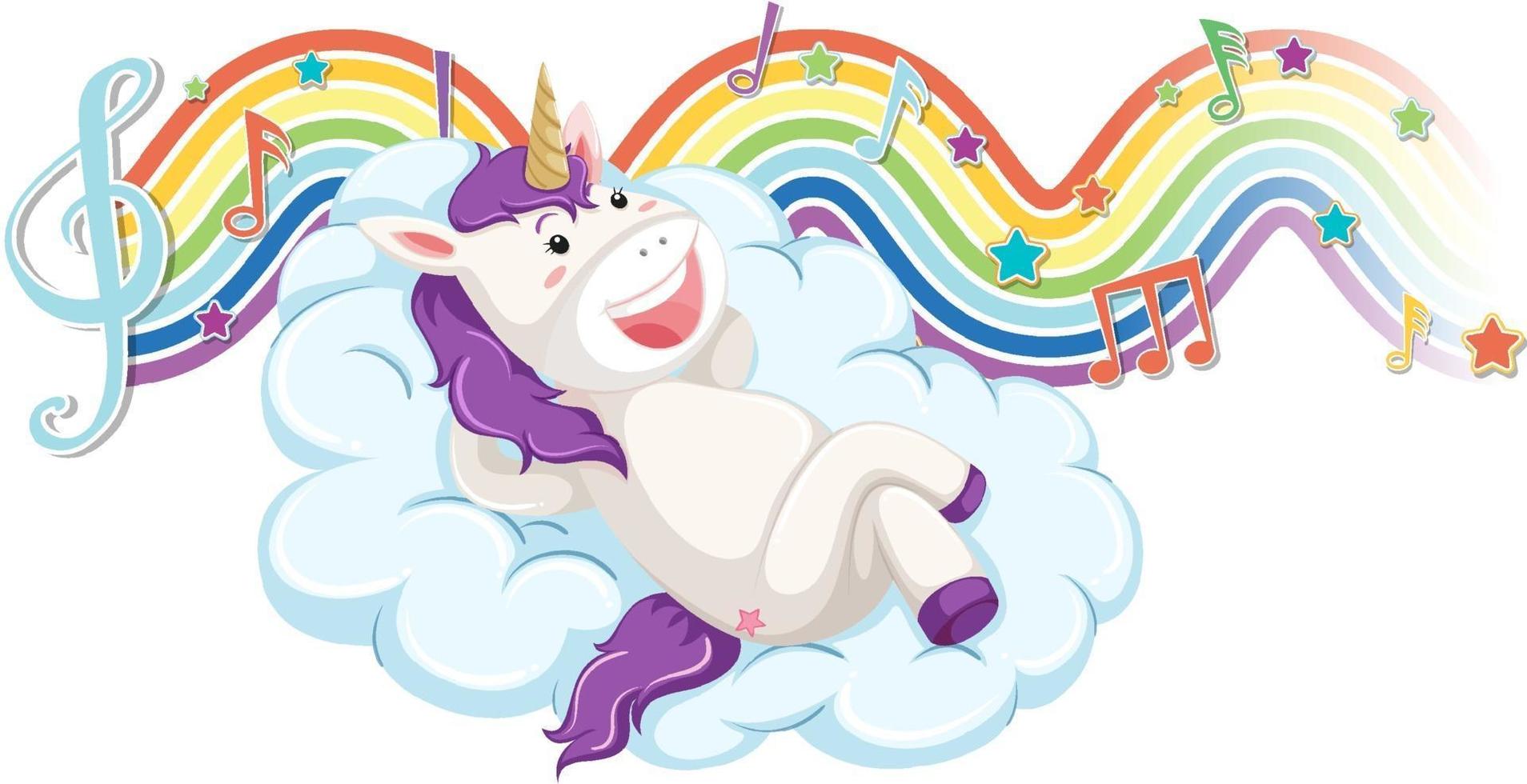 Unicorn laying on the cloud with melody symbols on rainbow wave vector