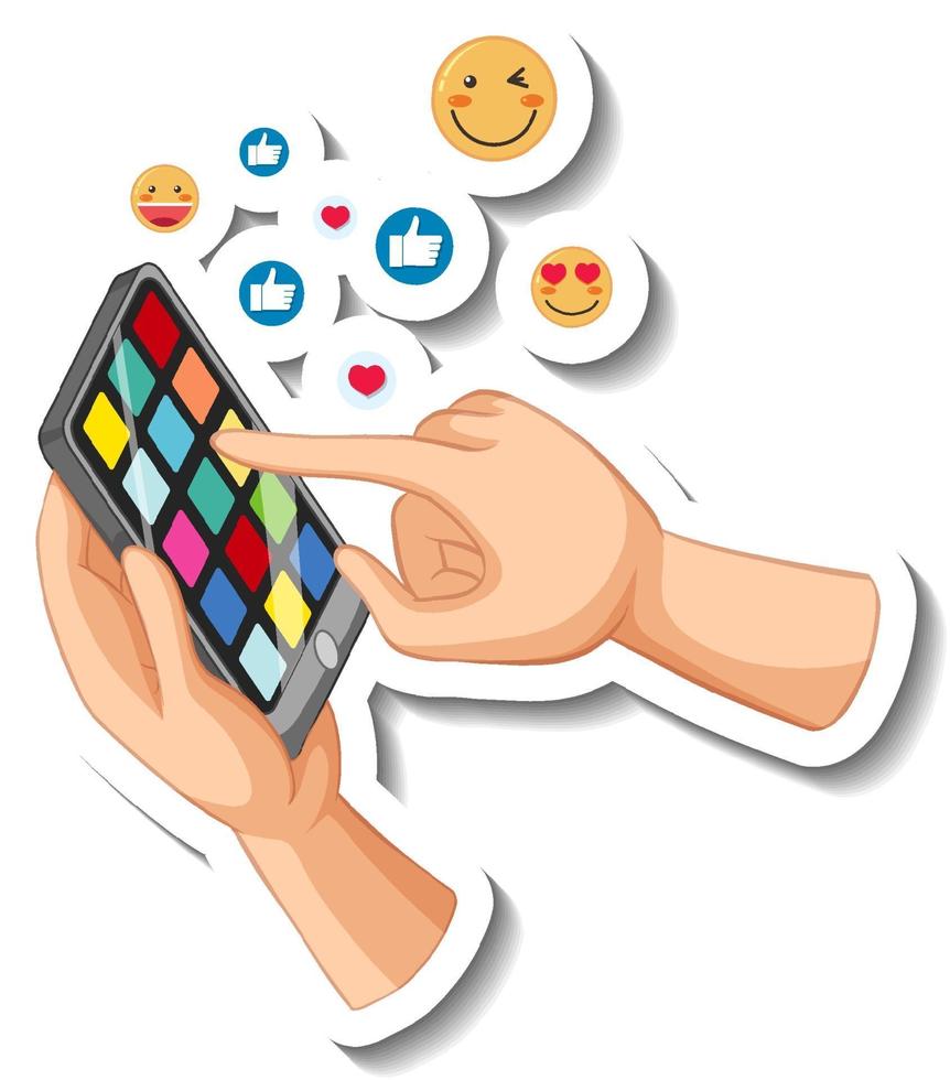Hand holding a smartphone with emoji icon on white background vector