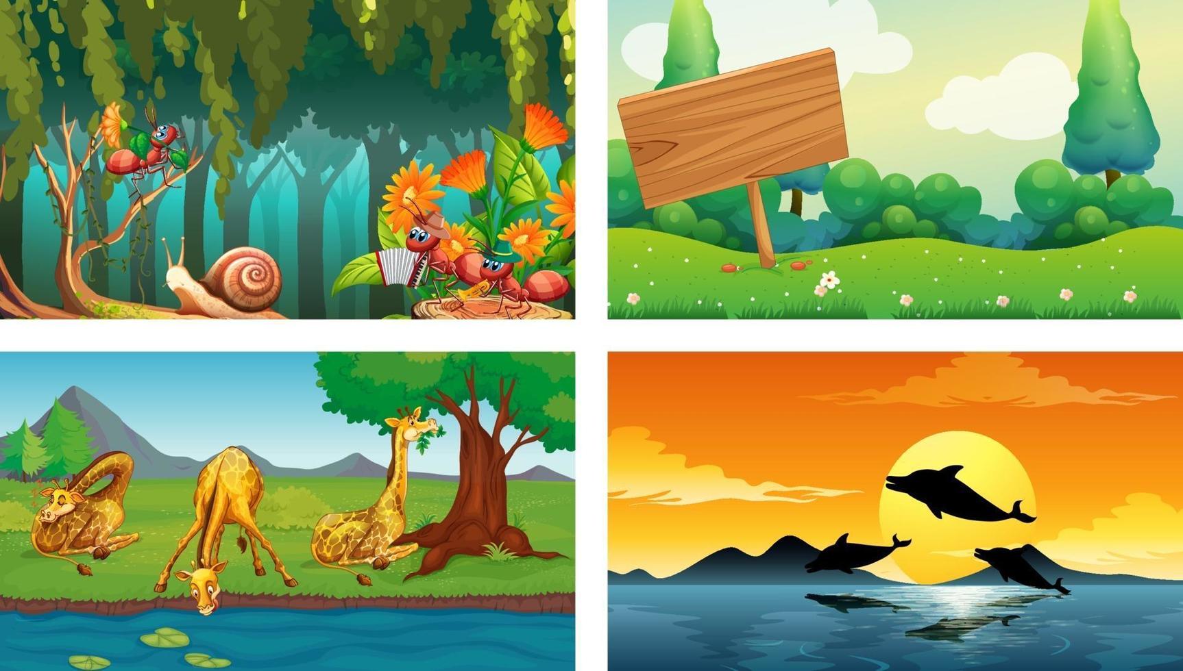 cuatro escenas horizontales de naturaleza diferente. vector