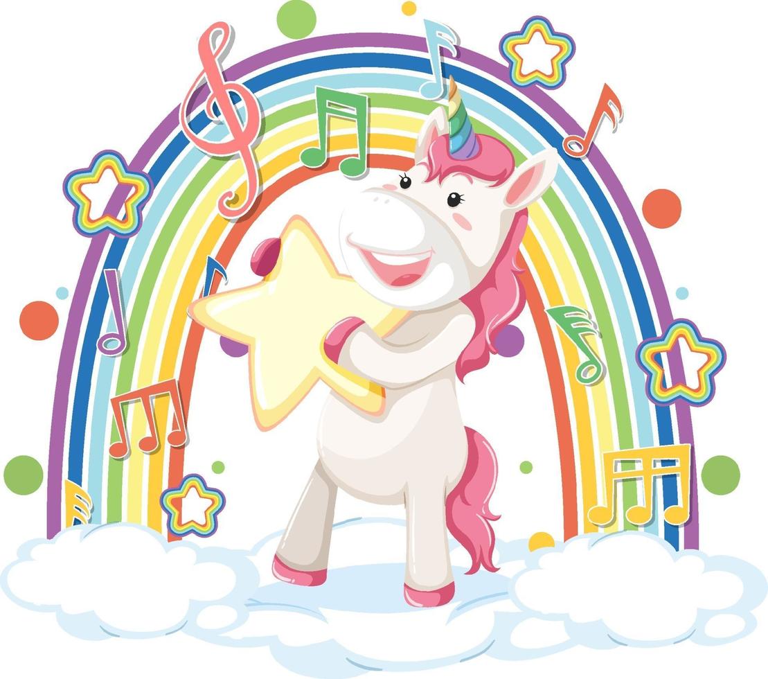 Unicorn standing on cloud with rainbow and melody symbol vector