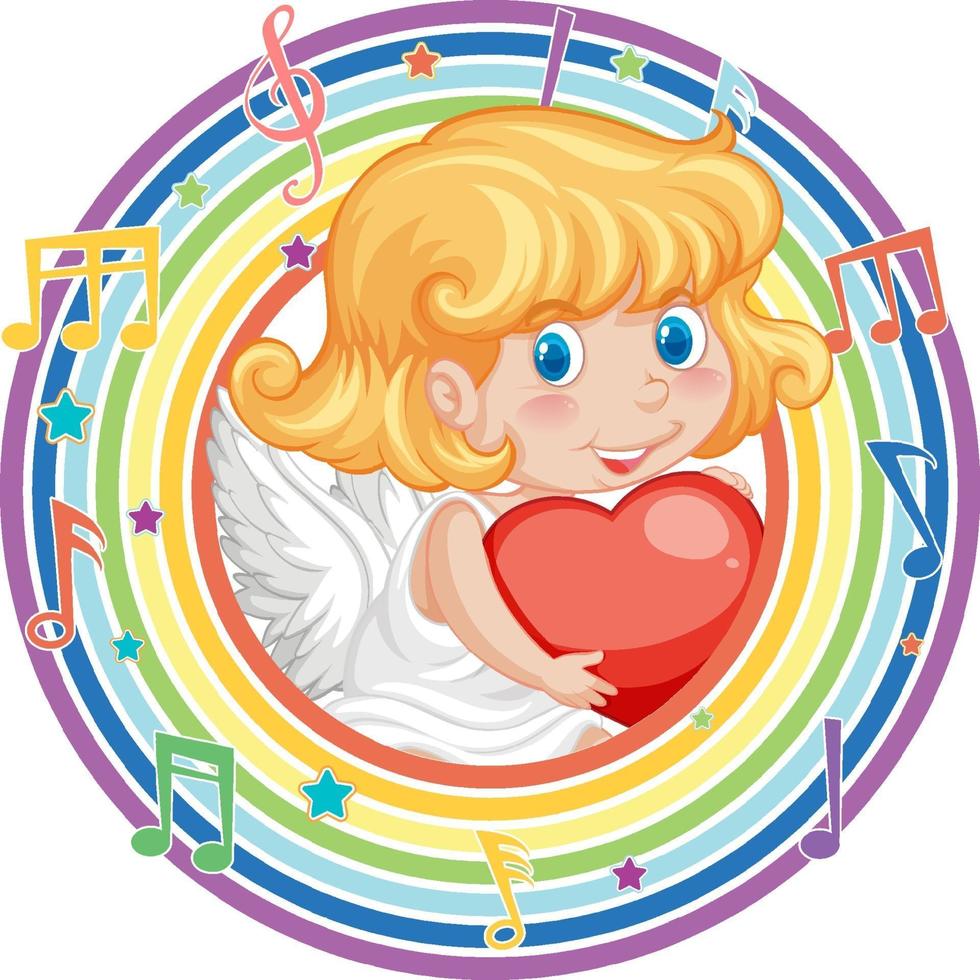 Cupid girl in rainbow round frame with melody symbol vector